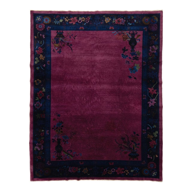 Antique Chinese Art Deco Rug Vibrant Plum & Navy Wool 9x12 For Sale
