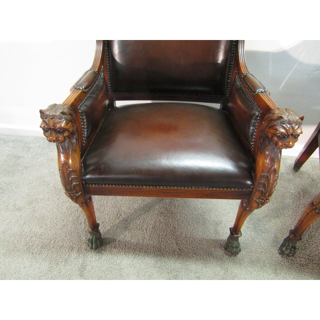 Theodore Alexander Theodore Alexander Pair of Mahogany Carved Leather Seat Chairs For Sale - Image 4 of 11