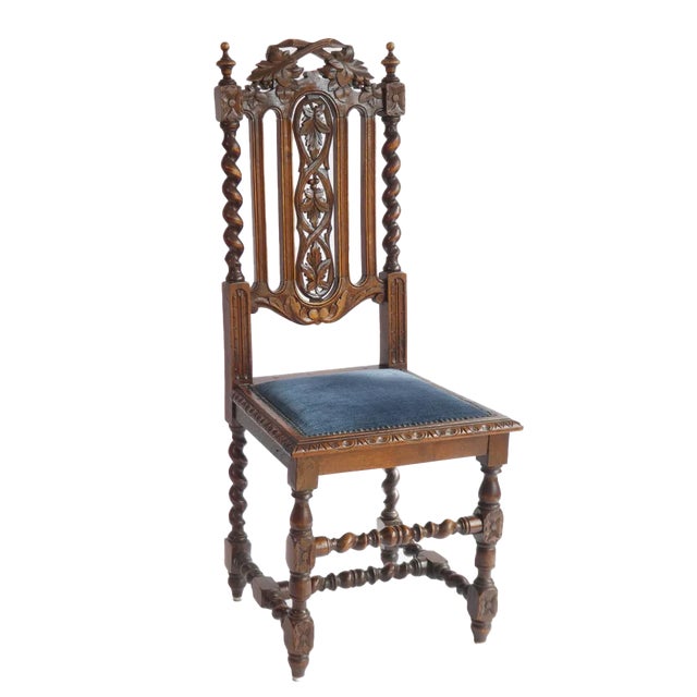 Antique Renaissance Wooden Chair with Blue Velvet Seat For Sale