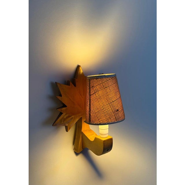 Swedish Hand-Carved Maple Leaf Wall Lamp with Sisal Shade, 1950s For Sale - Image 11 of 13