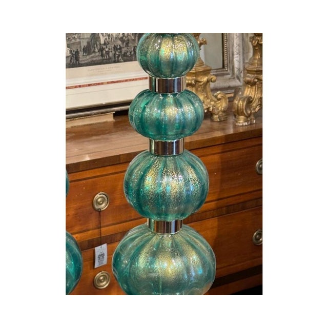 2000 - 2009 Pair of Murano Green and Gold Lamps For Sale - Image 5 of 6
