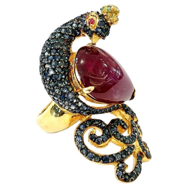 Bochic "Orient" Ruby & Sapphire Swan Cocktail Ring Set 18K & Silver For Sale - Image 15 of 18