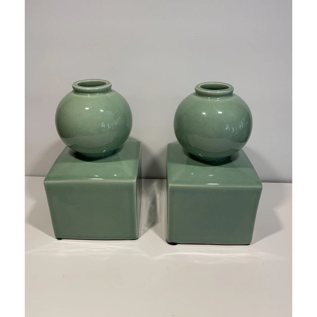 Early 21st Century Celedon Ceramic Vases or Bookends in the Style of Serena & Lily - a Pair For Sale - Image 5 of 11