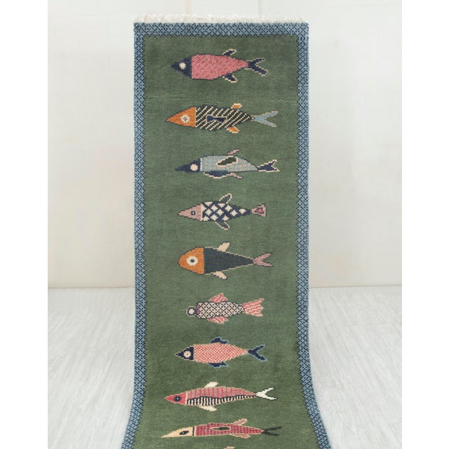 Koi Fish Olive Green Hand Knotted Runner Rug 2.6x6Ft. For Sale - Image 17 of 18