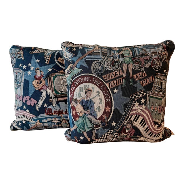 Vintage Rockabilly Retro Music Tapestry Pillows, a Pair For Sale