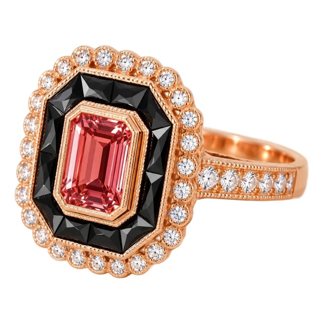 1920s 14K Pink Rose Gold Art Deco Pink Tourmaline Hand Cut Onyx Diamond Filigree Ring, Size 6.5 For Sale