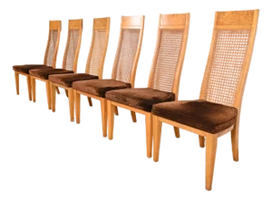 Milo Baughman Style Mid-Century Modern Burl Wood and Cane High Back Dining Chairs by Lane, Set of Six
