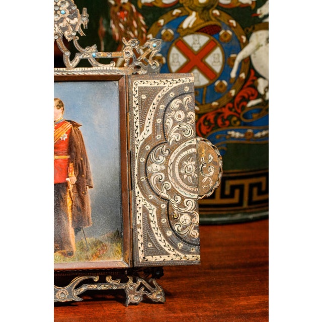 Brass Amazing Ornate Victorian Antique Anton Boehm Brass Picture Photo Frame With Painting Portrait Miniature of British Soldier For Sale - Image 8 of 13