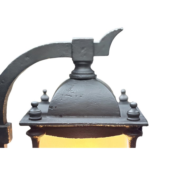 Metal 1910s Outdoor Exterior Porch Light Wall Sconce in Cast Iron With Frosted Glass Cylinder Shade and Black Enamel Paint Mission Spanish For Sale - Image 7 of 11