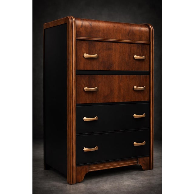 Early 20th Century Art Deco Waterfall Designer Accent Chest in Satin Walnut With Two-Tone Black Panels and Original Deco Brass Pulls For Sale - Image 4 of 11