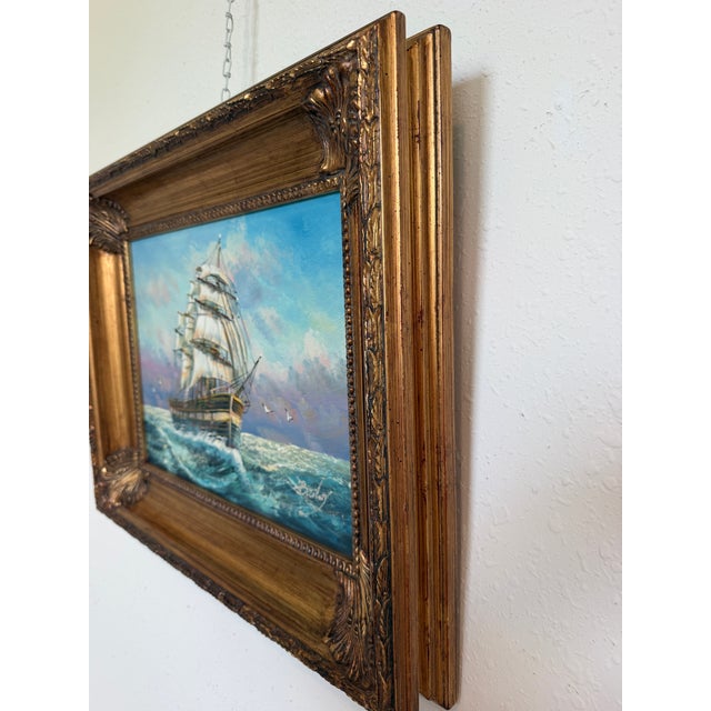Signed Original Oil Painting on Canvas Seascape Gold Frame Maritime Nautical Art For Sale - Image 9 of 12