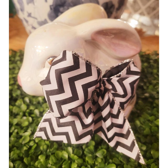 Vintage Ceramic Raised Floral Black White Bow Tie Bunny Rabbit Statue Room Decor For Sale - Image 9 of 9