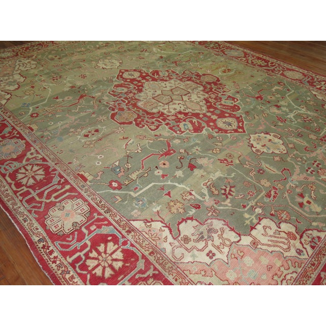 1900 - 1909 Forest Green Antique Turkish Oushak Carpet - 12'1" x 15'5" For Sale - Image 5 of 6