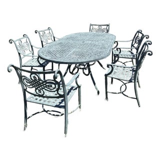 Handsome Cast Aluminum Garden Table With Six Chairs For Sale