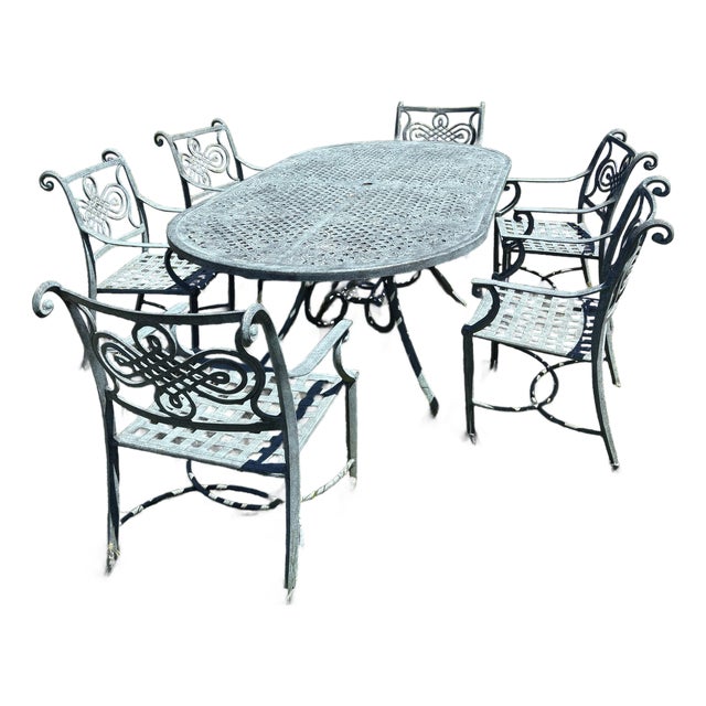 Handsome Cast Aluminum Garden Table With Six Chairs For Sale