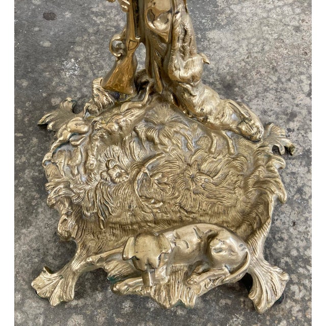 Antique Art Nouveau Style Brass Fireplace Tools on French Hunting Motif Stand For Sale - Image 10 of 14