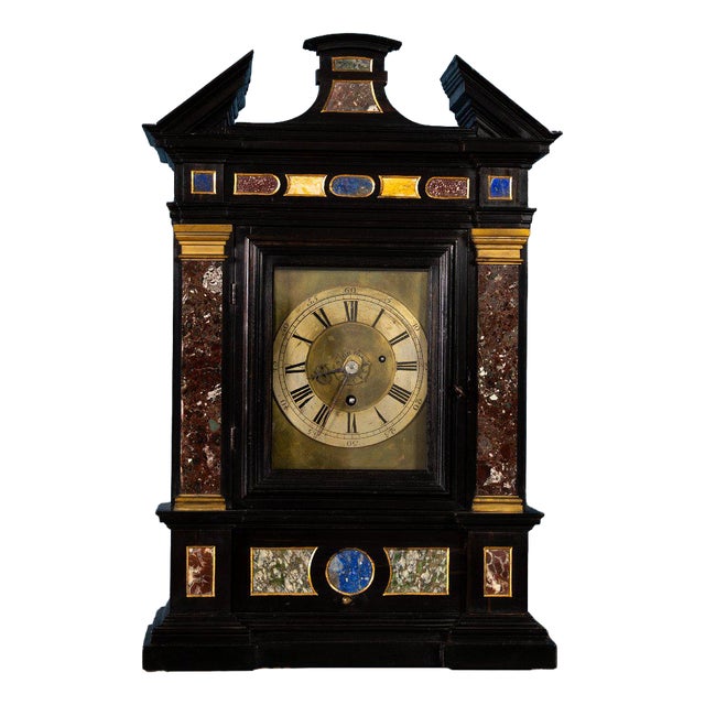 Ebony Table Clock with Semi-Precious Stone Inlay, Central Italy, 18th Century For Sale