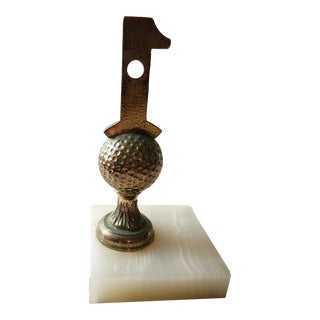 1962 Golf Paperweight Bookend Hole in 1 Trophy Alabaster Stone Base For Sale
