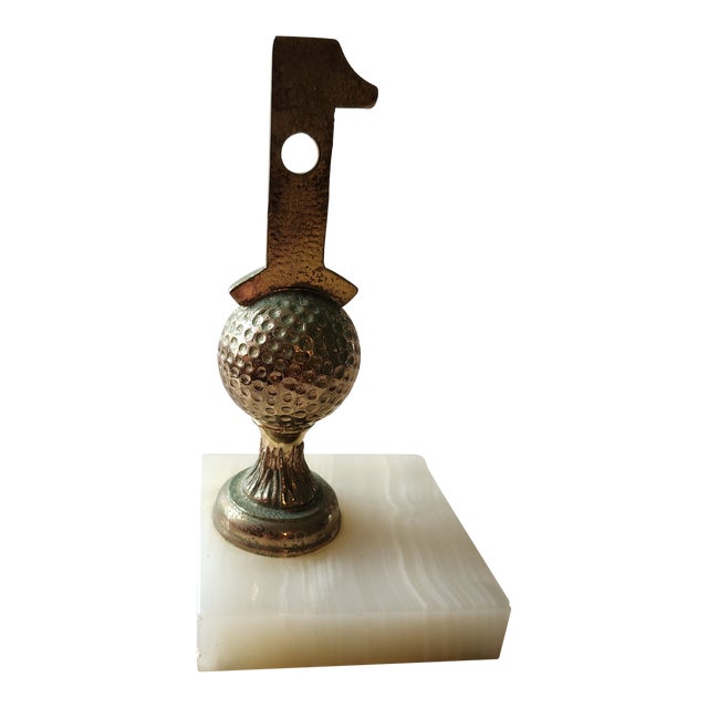 1962 Golf Paperweight Bookend Hole in 1 Trophy Alabaster Stone Base For Sale