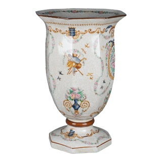 Mid 20th Century Chinese Armorial Porcelain Polychrome Footed Flower Vase Urn Neoclassical For Sale