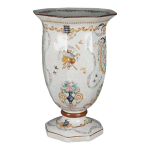 Mid 20th Century Chinese Armorial Porcelain Polychrome Footed Flower Vase Urn Neoclassical