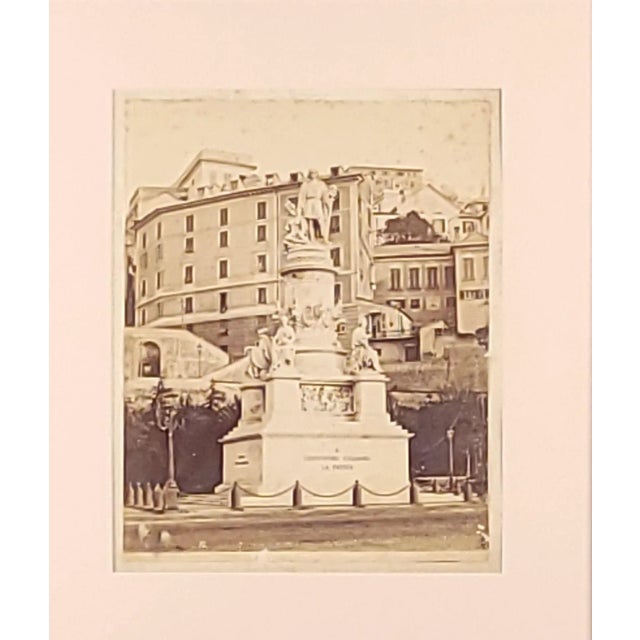 An albumen photograph of the statue of Christopher Columbus in Genoa, Italy, 19th century.
