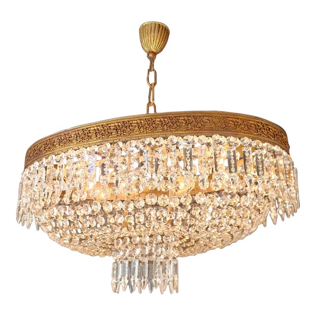 Antique Oval Flush Mount Chandelier Brass Crystal Ceiling Light Restored Gold For Sale