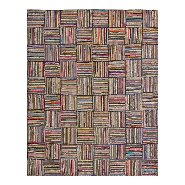 1930s Multicolor Basketweave Antique American Hooked Rug 4'9"x 6'0" Handknotted Wool Carpet For Sale