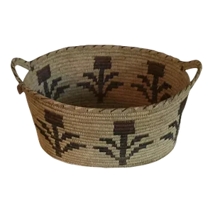 Native American Papago Oval Basket with Two Handles and Flower Decoration