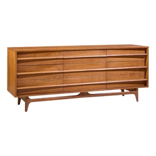 Young Manufacturing Mid Century Walnut Curved Lowboy Dresser For Sale