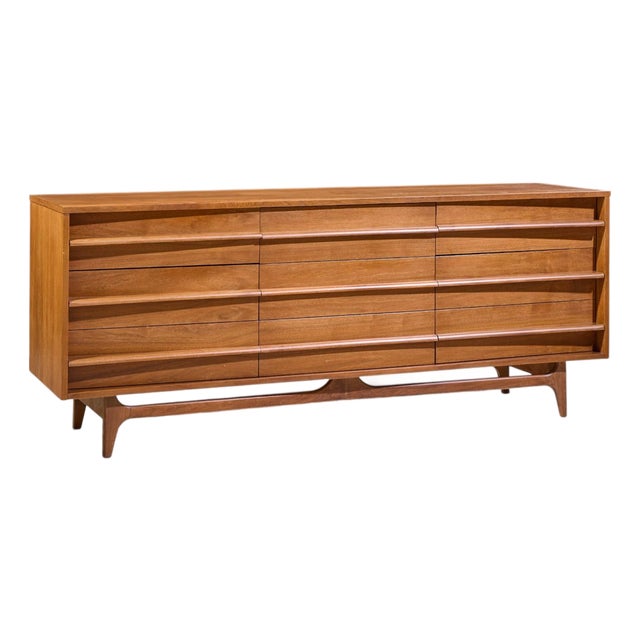 Young Manufacturing Mid Century Walnut Curved Lowboy Dresser For Sale