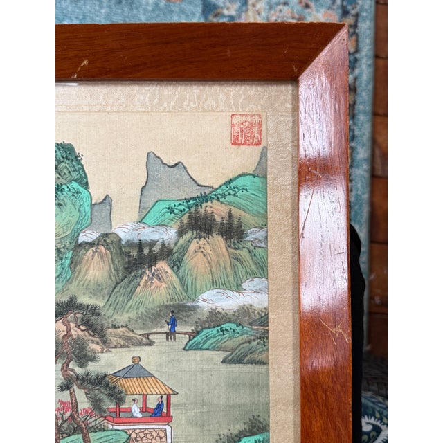 Blue c.1950 Chinese Republic Silk Painting Mountain River Landscape W Figures, Seal Signed For Sale - Image 8 of 12