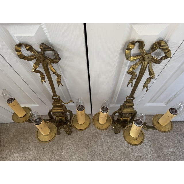 Mid 20th Century Louis XIV Solid Brass 3-Arm Wall Sconces W/Ribbons For Sale - Image 6 of 17