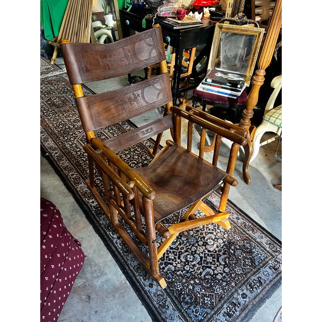 Wooden and Leather Handmade Rocking Chair With Costa Rica Birds Design For Sale - Image 9 of 12