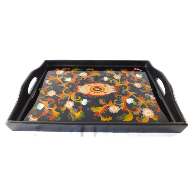 Beautiful large vintage hand painted black lacquered wood floral serving tray with handles. Gorgeous hand painted floral...