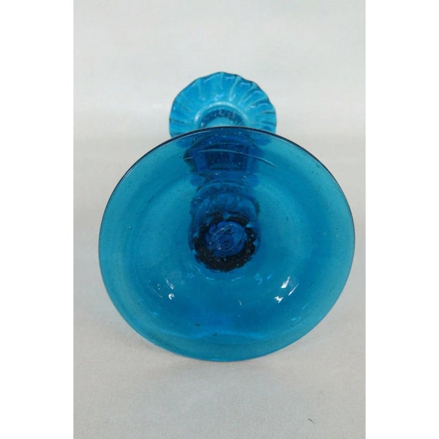 Spindle Pillar Blue Glass Tall Single Candle Stick Holder with Wavy Rim For Sale In Miami - Image 6 of 11