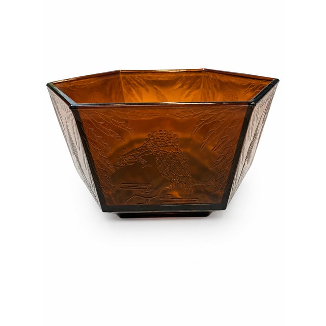 Beautiful vintage amber glass bowl featuring the iconic repeating “Kingfisher” motif attributed to Sherdley Glass of...