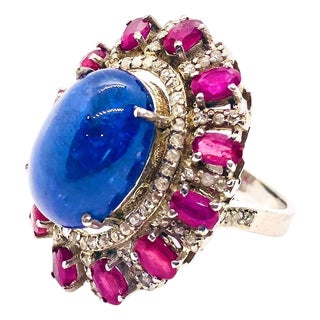 Bochic "Capri" Vintage Ruby, Tanzanite & Diamond Ring Set In 18K Gold & Silver For Sale