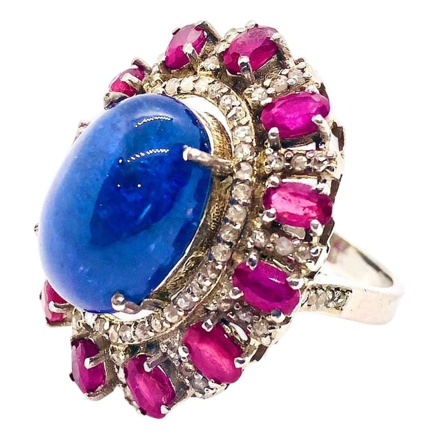 Bochic "Capri" Vintage Ruby, Tanzanite & Diamond Ring Set In 18K Gold & Silver For Sale