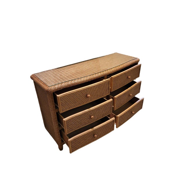 Vintage Palm Beach Regency Bowfront Wicker 6-Drawer Dresser With Glass Top For Sale - Image 11 of 13