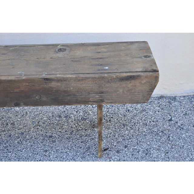 Early 20th Century Antique French Country Primitive Distressed Wood Plank 86" Long Bench For Sale - Image 5 of 11