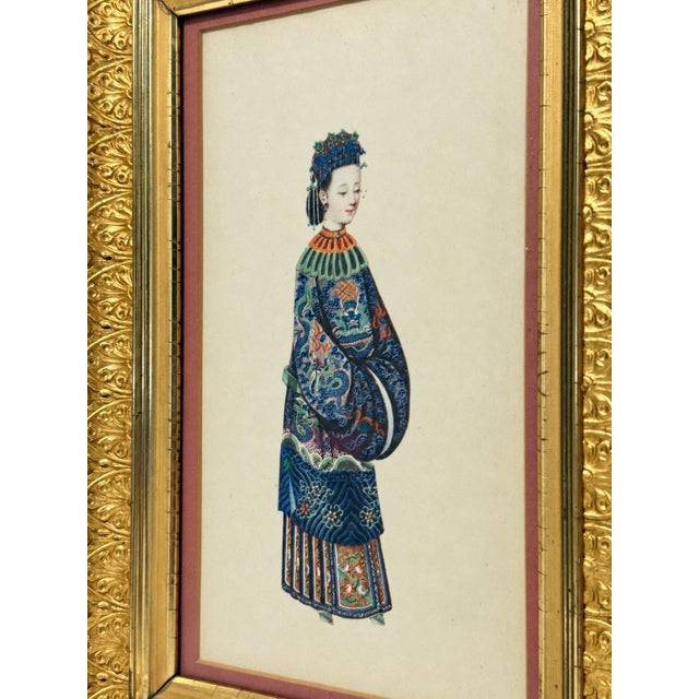 Early 20th Century Pair Chinese Qing Court Costume Lithographs in Elaborate Gilt Frames, C. 1900 For Sale - Image 5 of 9
