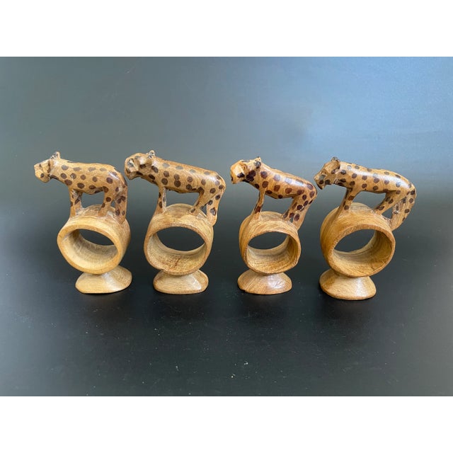African Safari Wood Carving Cheetah Leopard Napkin Rings - Set of 4 For Sale - Image 4 of 11