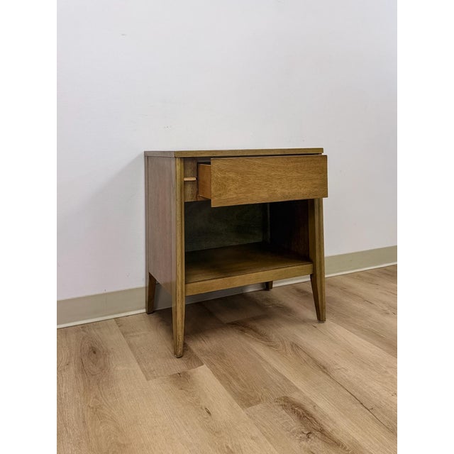 Mid Century Nightstand Single Drawer Open Cubby Gray Wood Tone Tapered Leg For Sale In Tampa - Image 6 of 9