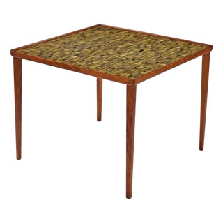 Early Mid-Century Modern Danish Ceramic Tile Teak Square Tall Side Table For Sale