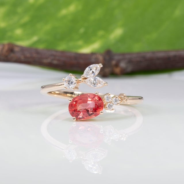 2020s 1Ct Padparadscha Sapphire Ring With Natural Diamond Accents: Solid 14k Gold, Size 6.75 For Sale - Image 5 of 9