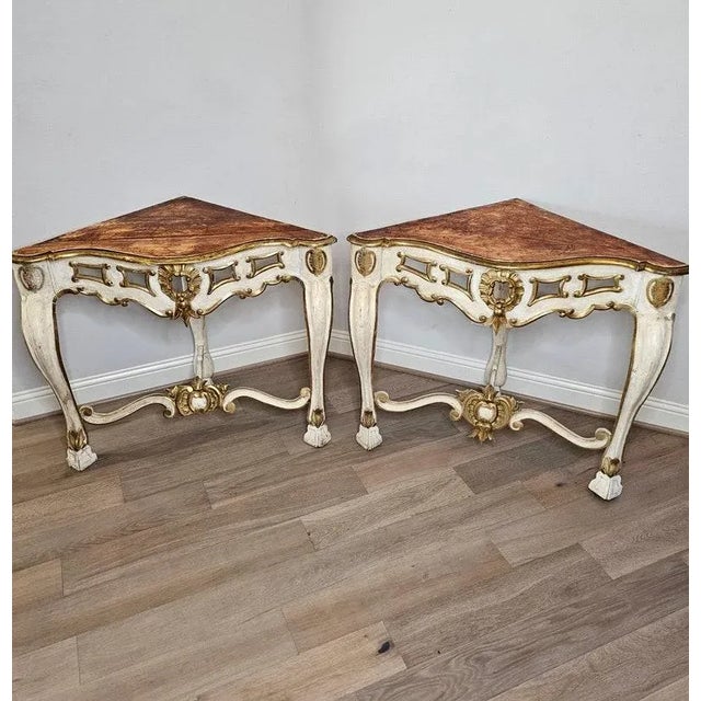18th Century Italian Baroque Louis XV Period Carved Polychrome Gilt Console Corner Tables - A Pair For Sale - Image 4 of 10