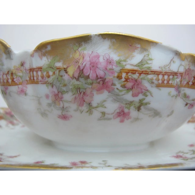 Haviland & Co. Haviland Limoges Pink Yellow & Gold Flower Gravy Sauce Boat Bowl W/ Underplate For Sale - Image 4 of 8