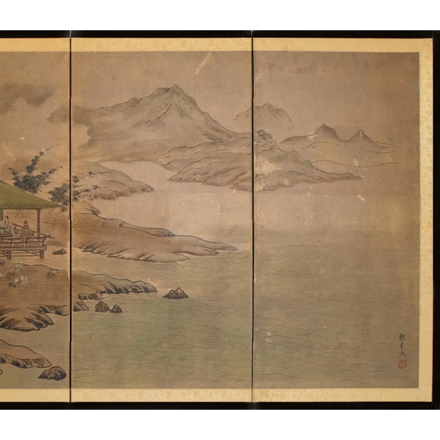 Japanese 1960s Shōwa Era Japanese Byobu Screen "Landscape With Gazebo" For Sale - Image 3 of 17