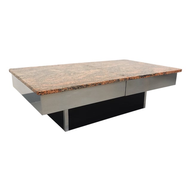 Vintage Coffee Table in Chrome Metal and Black Melamine with Bar, 1970s For Sale